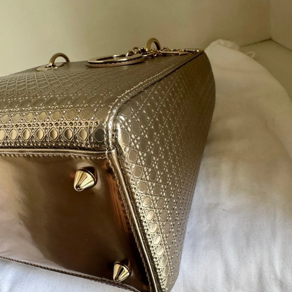 Christian Dior Gold Medium Metallic Micro Cannage Satchel with Shoulder Strap